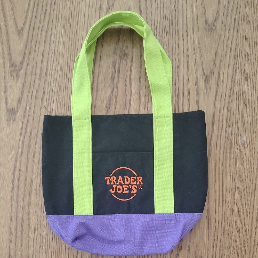 Trader Joe's Black and Purple Tote Bag with Green Handles